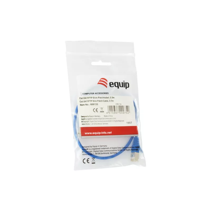 Sieťový kábel Equip Cat.6A F/FTP tenký patch kábel RJ-45 0,5 m modrý