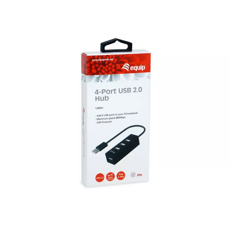 Equip 4-portový USB 2.0 hub, USB 2.0, USB 2.0, 480 Mbit/s, čierny, Čína, CE, RoHS