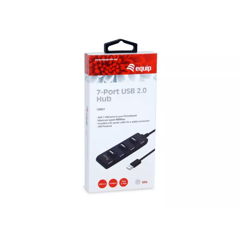 Equip 7-portový USB 2.0 hub, USB 2.0, USB 2.0, 480 Mbit/s, čierny, Čína, CE, RoHS