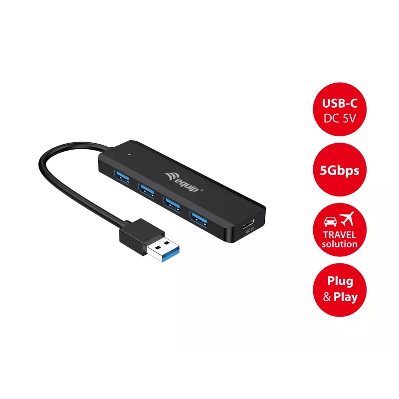 4-portový USB 3.2 Gen 1 hub Equip s USB-C adaptérom čierny 5000 Mbit/s