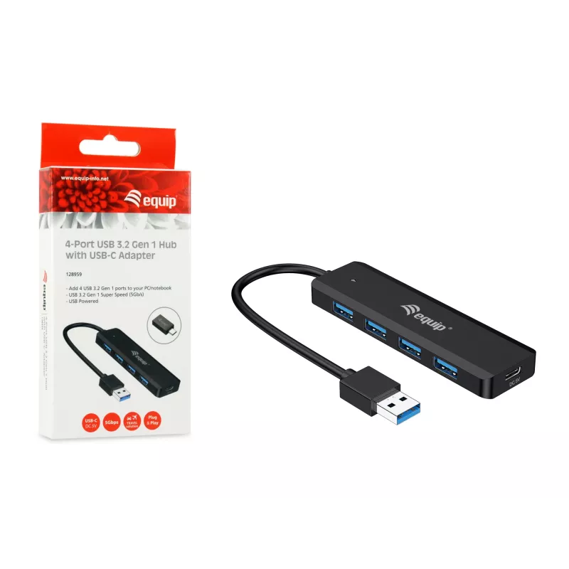 4-portový USB 3.2 Gen 1 hub Equip s USB-C adaptérom čierny 5000 Mbit/s