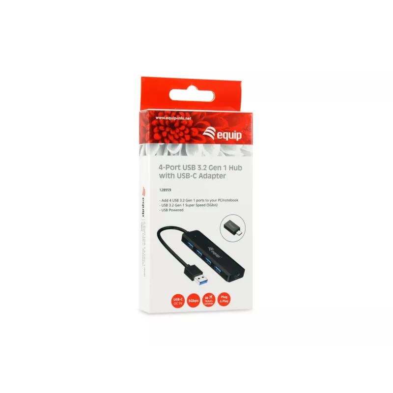 4-portový USB 3.2 Gen 1 hub Equip s USB-C adaptérom čierny 5000 Mbit/s