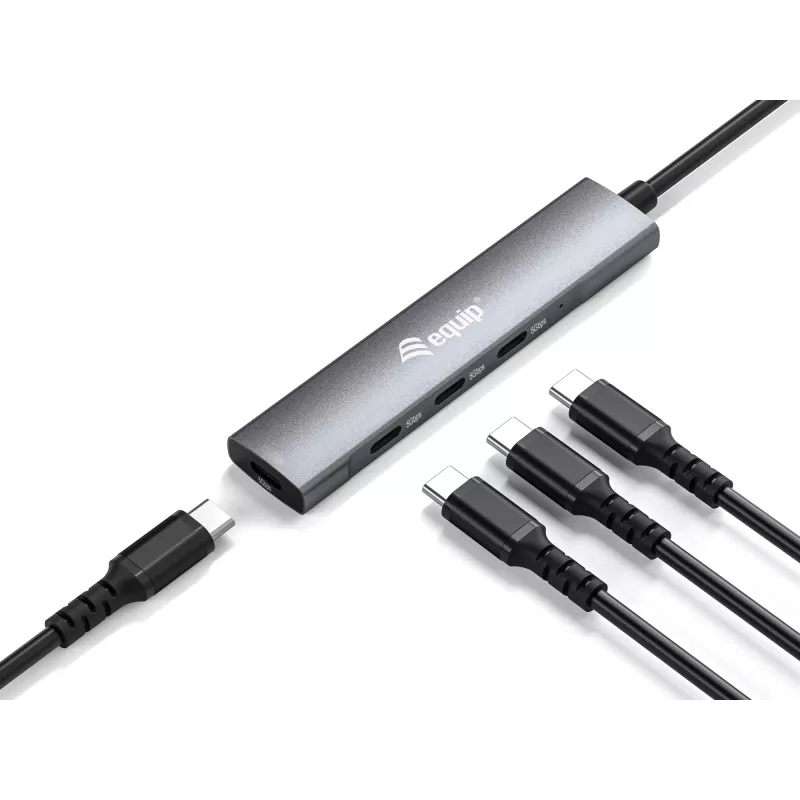 Equip 128963 rozbočovač USB-C so 4 portmi USB 3.2 Gen 1 (3.1 Gen 1), 4x USB-C, 5 Gbit/s, hliník, bez napájacieho adaptéra, čierno-strieborný