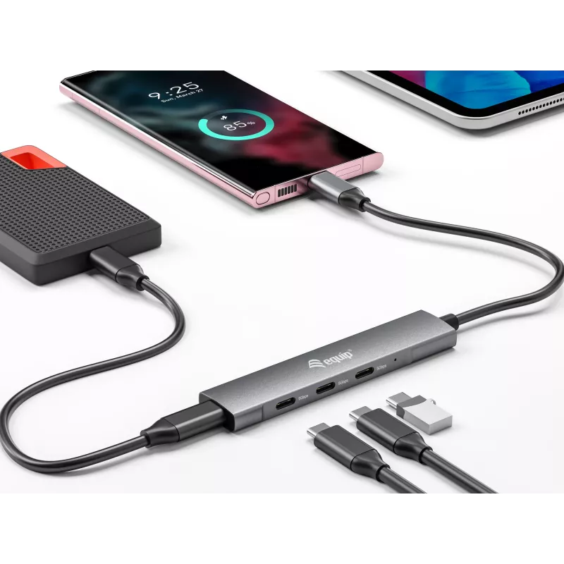 Equip 128963 rozbočovač USB-C so 4 portmi USB 3.2 Gen 1 (3.1 Gen 1), 4x USB-C, 5 Gbit/s, hliník, bez napájacieho adaptéra, čierno-strieborný