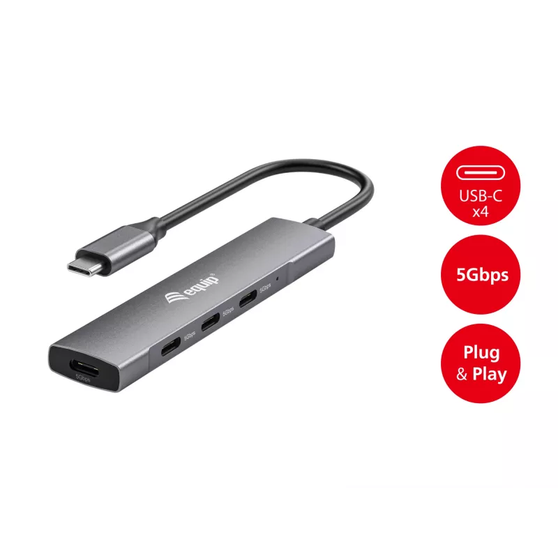 Equip 128963 rozbočovač USB-C so 4 portmi USB 3.2 Gen 1 (3.1 Gen 1), 4x USB-C, 5 Gbit/s, hliník, bez napájacieho adaptéra, čierno-strieborný