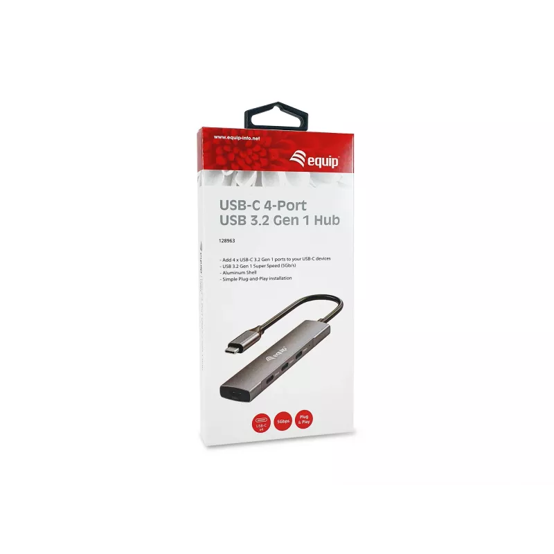 Equip 128963 rozbočovač USB-C so 4 portmi USB 3.2 Gen 1 (3.1 Gen 1), 4x USB-C, 5 Gbit/s, hliník, bez napájacieho adaptéra, čierno-strieborný