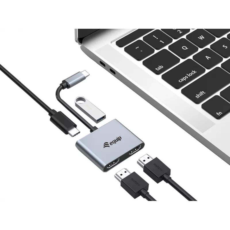 Equip USB-C 4-in-1 Dual-HDMI adaptér, USB 3.2 Gen 1 (3.1 Gen 1) Type-C, strieborný, 4K Ultra HD, 30 Hz, HDMI, hliník