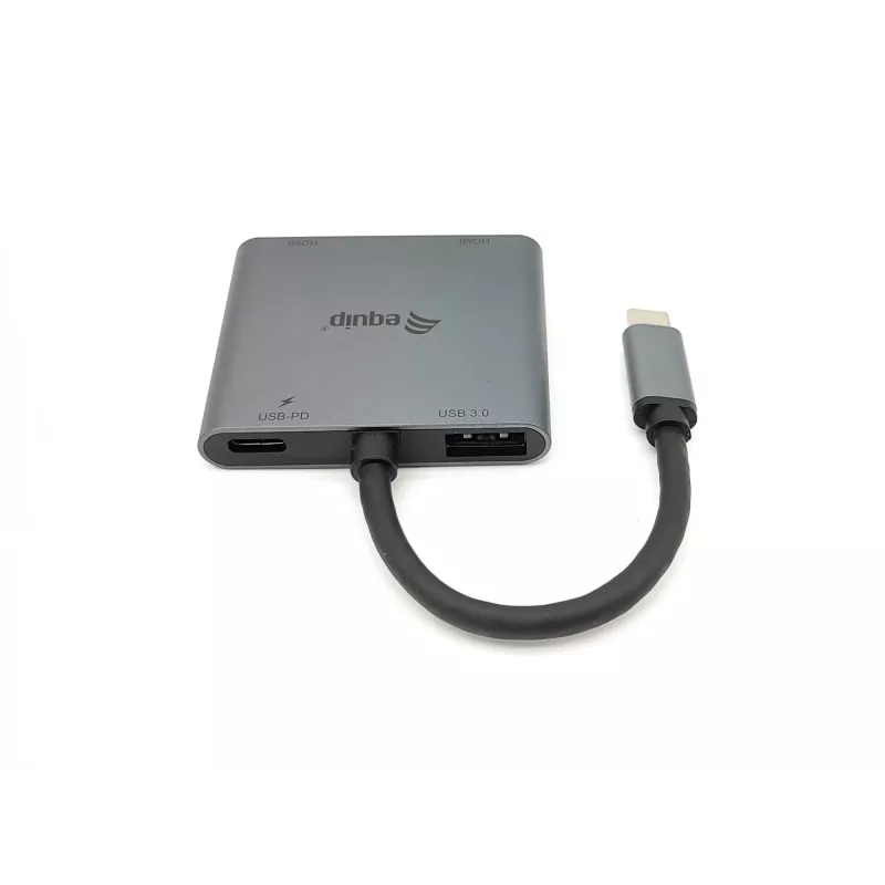 Equip USB-C 4-in-1 Dual-HDMI adaptér, USB 3.2 Gen 1 (3.1 Gen 1) Type-C, strieborný, 4K Ultra HD, 30 Hz, HDMI, hliník