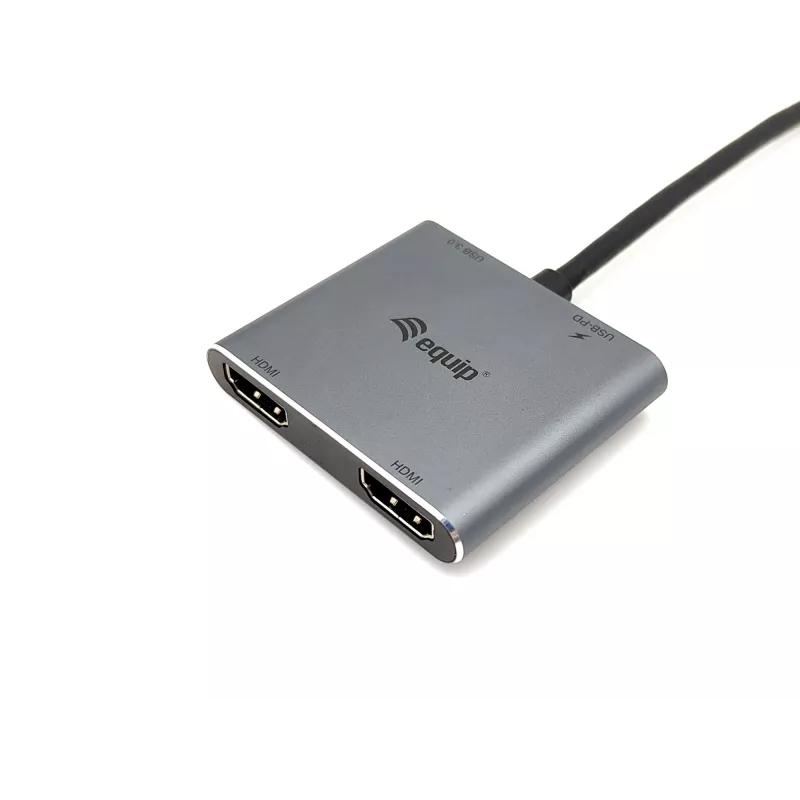 Equip USB-C 4-in-1 Dual-HDMI adaptér, USB 3.2 Gen 1 (3.1 Gen 1) Type-C, strieborný, 4K Ultra HD, 30 Hz, HDMI, hliník