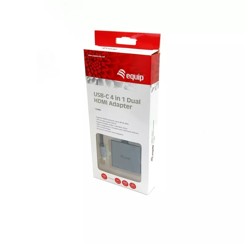 Equip USB-C 4-in-1 Dual-HDMI adaptér, USB 3.2 Gen 1 (3.1 Gen 1) Type-C, strieborný, 4K Ultra HD, 30 Hz, HDMI, hliník