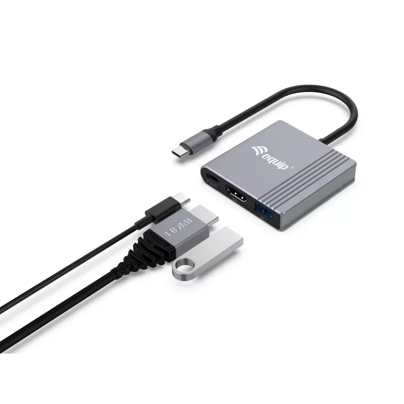 Equip 133488 adaptér 3 v 1 USB-C na HDMI / USB-A / USB PD, USB 3.2 Gen 1 (3.1 Gen 1), 4K/60 Hz, 100 W PD, hliník, čierno-sivý