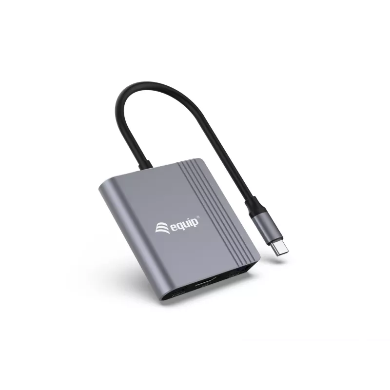 Equip 133488 adaptér 3 v 1 USB-C na HDMI / USB-A / USB PD, USB 3.2 Gen 1 (3.1 Gen 1), 4K/60 Hz, 100 W PD, hliník, čierno-sivý