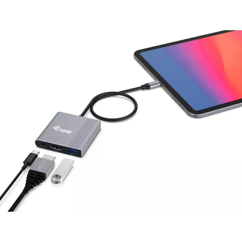 Equip 133488 adaptér 3 v 1 USB-C na HDMI / USB-A / USB PD, USB 3.2 Gen 1 (3.1 Gen 1), 4K/60 Hz, 100 W PD, hliník, čierno-sivý