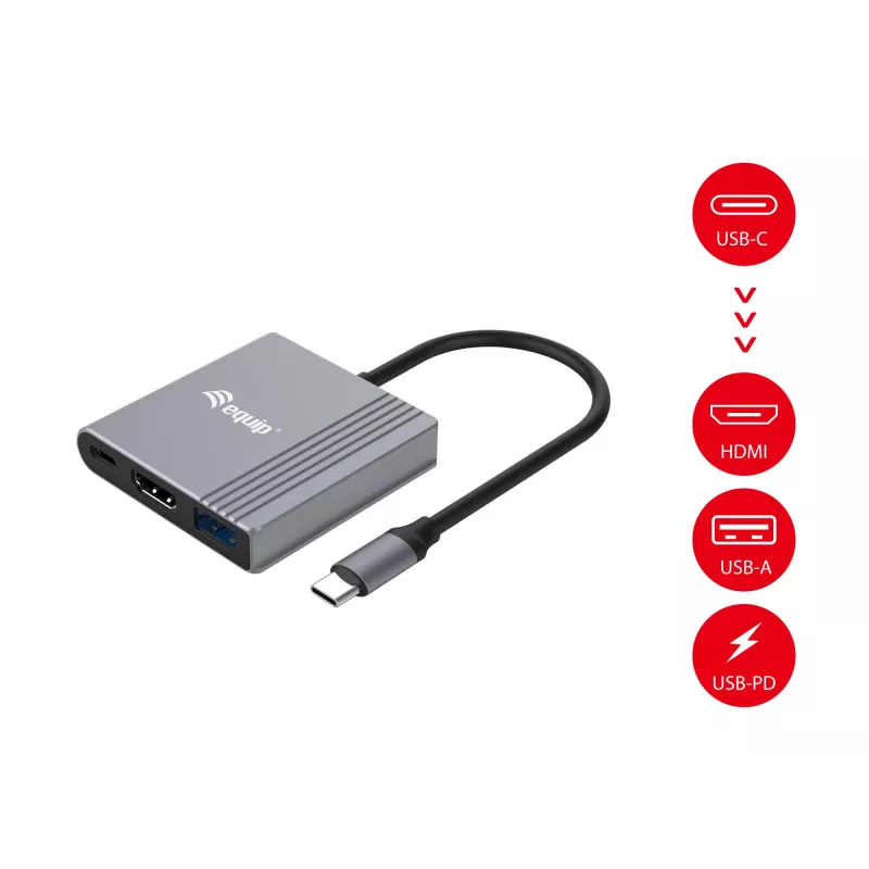 Equip 133488 adaptér 3 v 1 USB-C na HDMI / USB-A / USB PD, USB 3.2 Gen 1 (3.1 Gen 1), 4K/60 Hz, 100 W PD, hliník, čierno-sivý