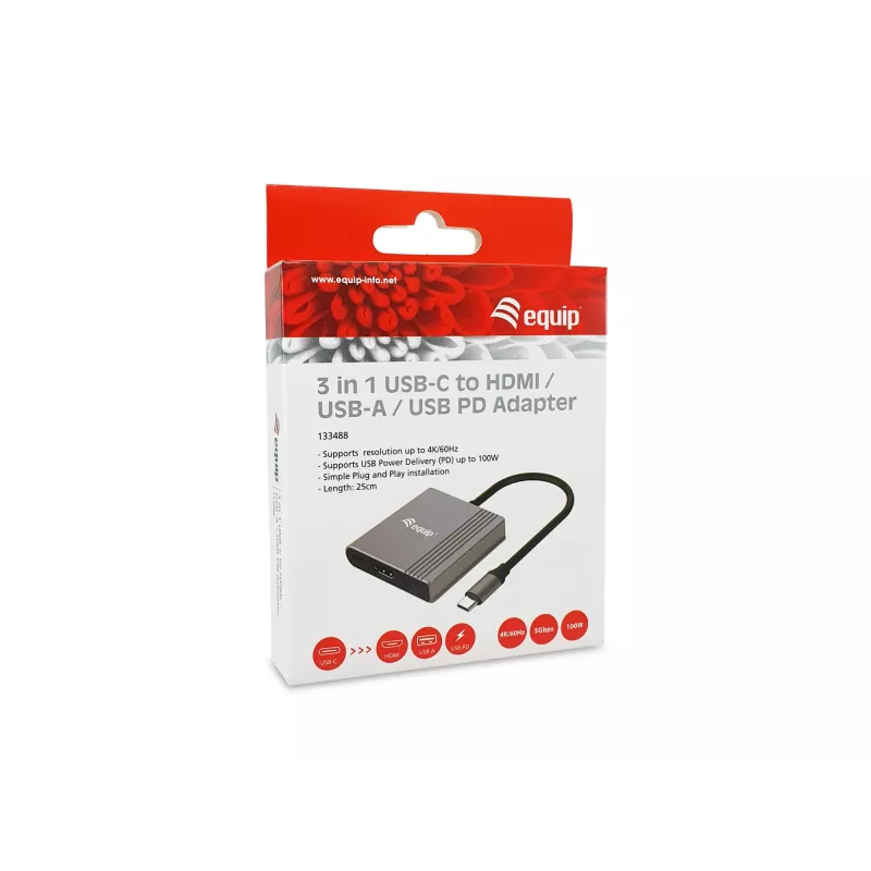 Equip 133488 adaptér 3 v 1 USB-C na HDMI / USB-A / USB PD, USB 3.2 Gen 1 (3.1 Gen 1), 4K/60 Hz, 100 W PD, hliník, čierno-sivý
