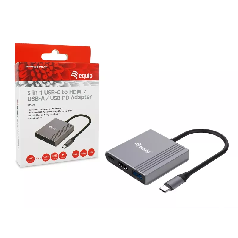 Equip 133488 adaptér 3 v 1 USB-C na HDMI / USB-A / USB PD, USB 3.2 Gen 1 (3.1 Gen 1), 4K/60 Hz, 100 W PD, hliník, čierno-sivý