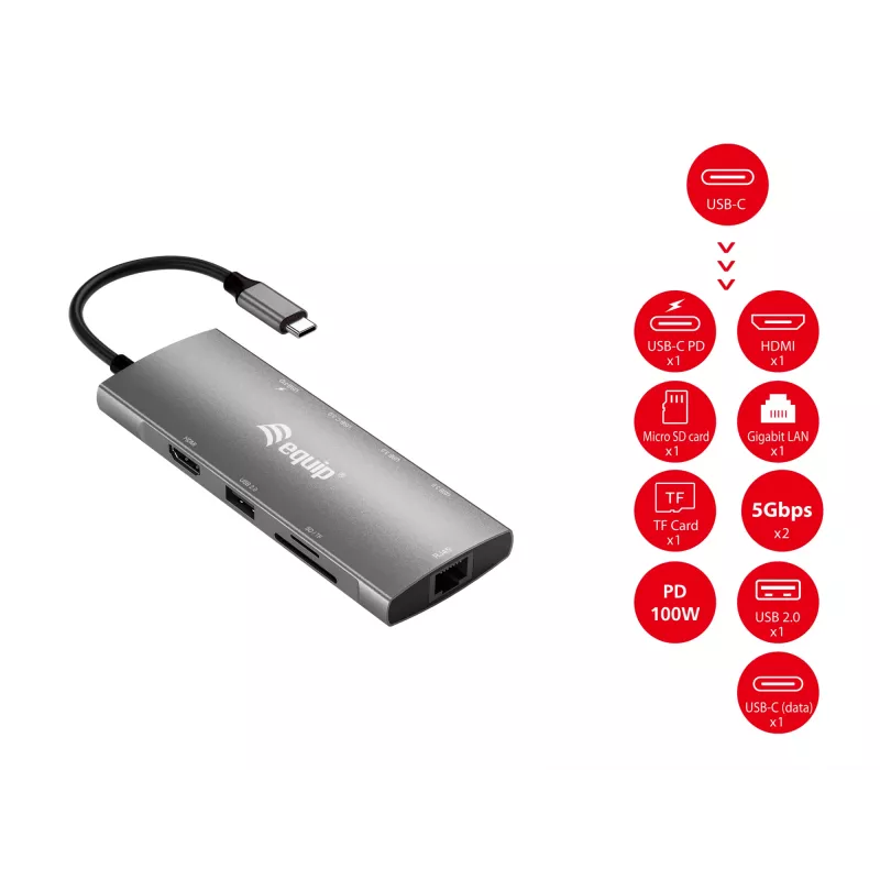 Equip USB-C 9-in-1 multifunkčný adaptér, HDMI 4K/60Hz, Gigabit-LAN, USB 3.2 GEN1, SD/TF, 100W USB PD