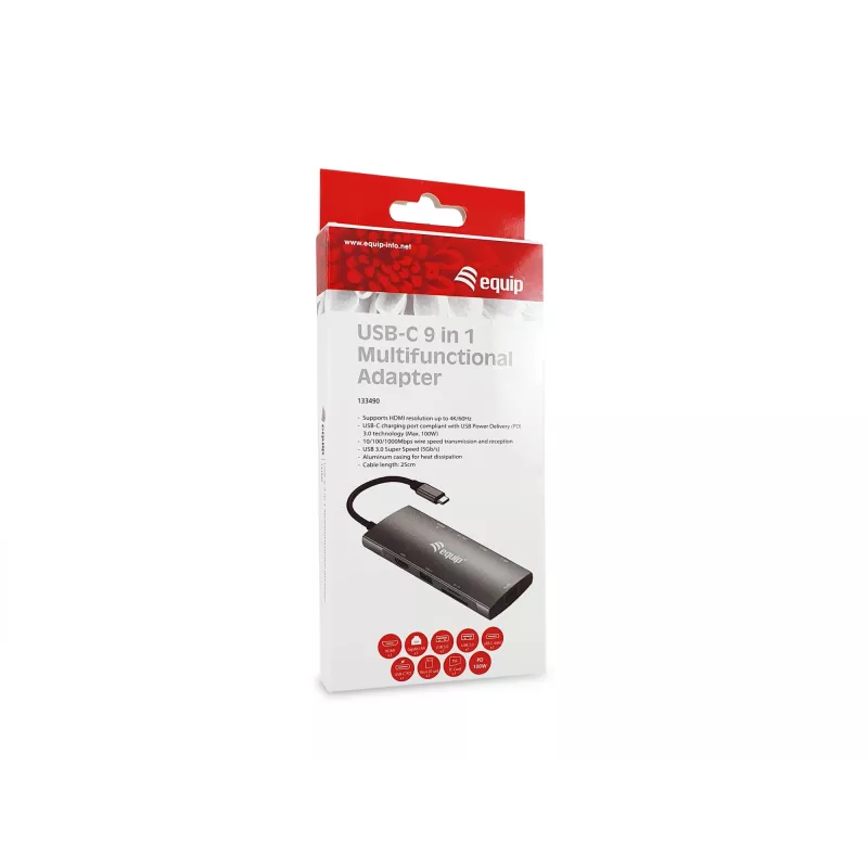 Equip USB-C 9-in-1 multifunkčný adaptér, HDMI 4K/60Hz, Gigabit-LAN, USB 3.2 GEN1, SD/TF, 100W USB PD