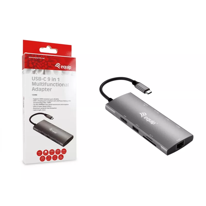 Equip USB-C 9-in-1 multifunkčný adaptér, HDMI 4K/60Hz, Gigabit-LAN, USB 3.2 GEN1, SD/TF, 100W USB PD