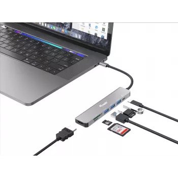 Equip USB-C 7-in-1 multifunkčný adaptér, HDMI 4K/60Hz, USB 3.2 Gen1 x3, TF/Micro SD, 100W USB PD