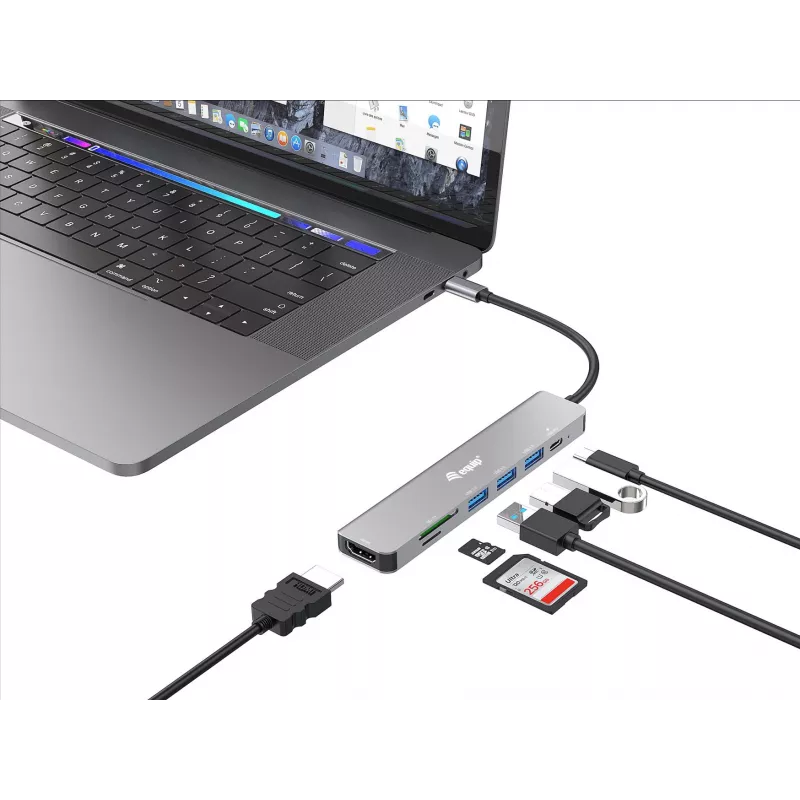 Equip USB-C 7-in-1 multifunkčný adaptér, HDMI 4K/60Hz, USB 3.2 Gen1 x3, TF/Micro SD, 100W USB PD
