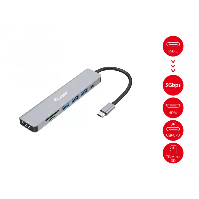 Equip USB-C 7-in-1 multifunkčný adaptér, HDMI 4K/60Hz, USB 3.2 Gen1 x3, TF/Micro SD, 100W USB PD