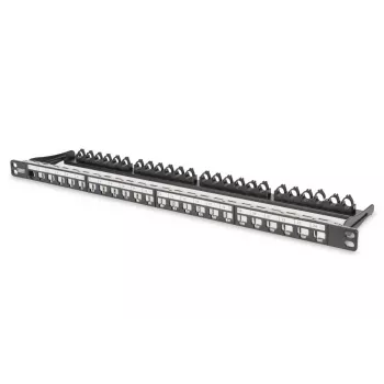 DIGITUS modulárny patch panel, tienený 24-port, pole na označenie, 0,5HE, montáž do racku, farba čierna RAL 9005