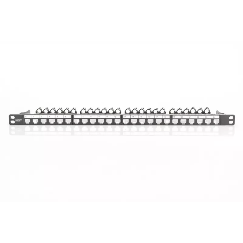 DIGITUS modulárny patch panel, tienený 24-port, pole na označenie, 0,5HE, montáž do racku, farba čierny RAL 9005