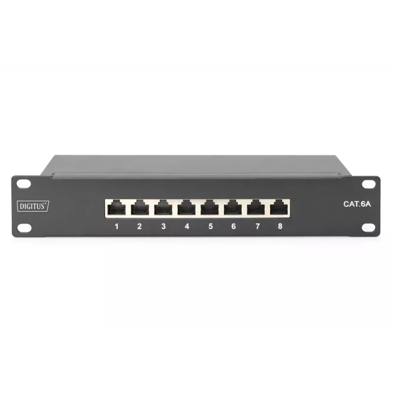 DIGITUS patch panel CAT6A tienený, 8-port 1U, 10-palcová montáž do racku, čierny RAL 9005