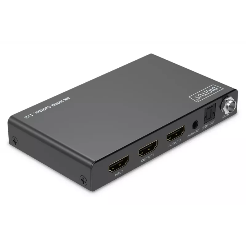 DIGITUS 1x2 HDMI rozbočovač - 8K/60Hz (4:4:4), Toslink, Stereo, EDID ovládanie