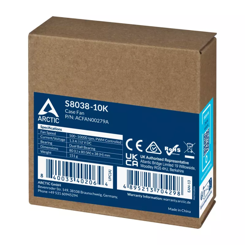 ARCTIC S8038-10K - 80 mm serverový ventilátor, ventilátor, 8 cm, 173,3 m³/h, čierny