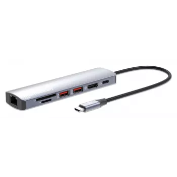 Manhattan USB-C dock/hub s čítačkou kariet, konektory (x5): Ethernet, HDMI, USB-A (x2) a USB-C, s Power Delivery (PD) 100 W – vyžaduje externú USB-C nabíjačku (nie je súčasťou dodávky). USB napájaný (nie je potrebný externý napájací zdroj), ak sa PD nepoužíva
