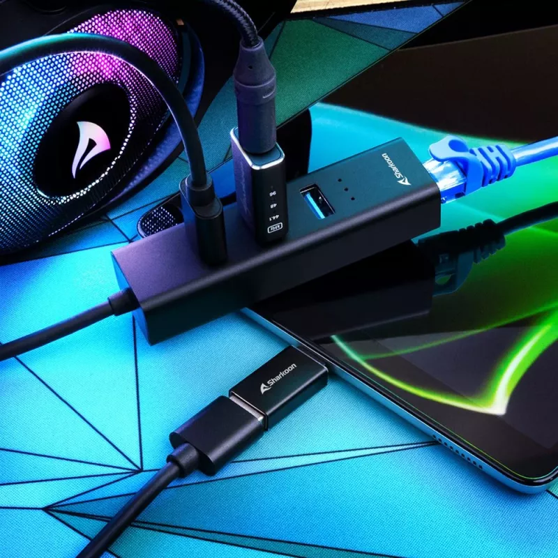 SHARKOON USB hub - 3-port USB 3.2 Gen 1 hliník + Ethernet čierny