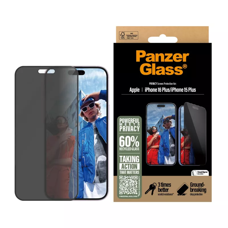 PanzerGlass® ochrana súkromia displeja iPhone 16 Plus | 15 Plus | Ultra-Wide Fit s EasyAligner