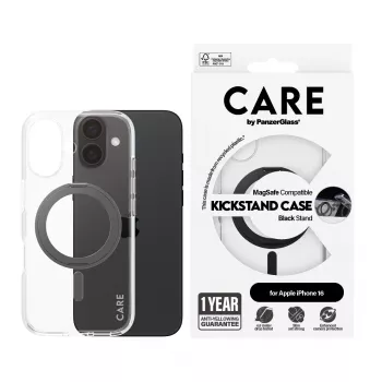 PanzerGlass CARE™ by ® puzdro transparentné s čiernym stojanom a MagSafe iPhone 16