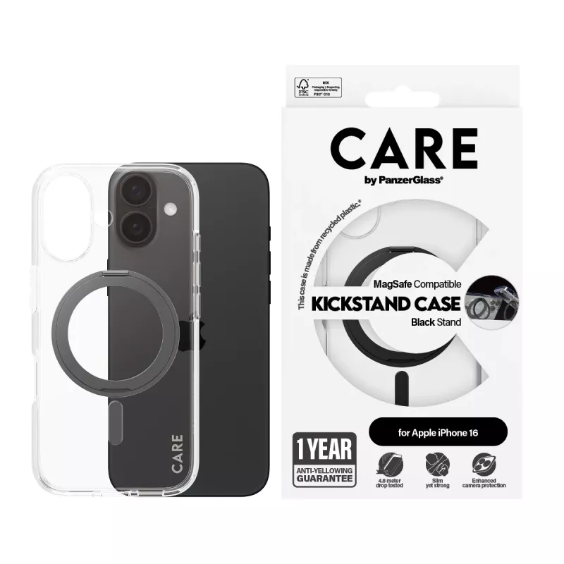 PanzerGlass CARE™ by ® puzdro transparentné s čiernym stojanom a MagSafe iPhone 16