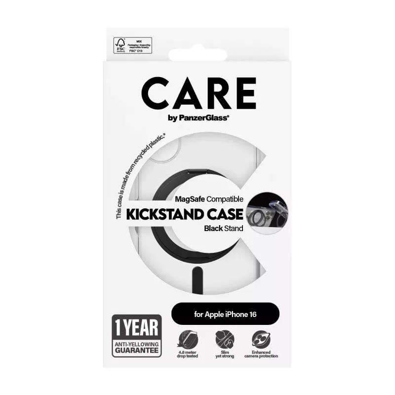 PanzerGlass CARE™ by ® puzdro transparentné s čiernym stojanom a MagSafe iPhone 16