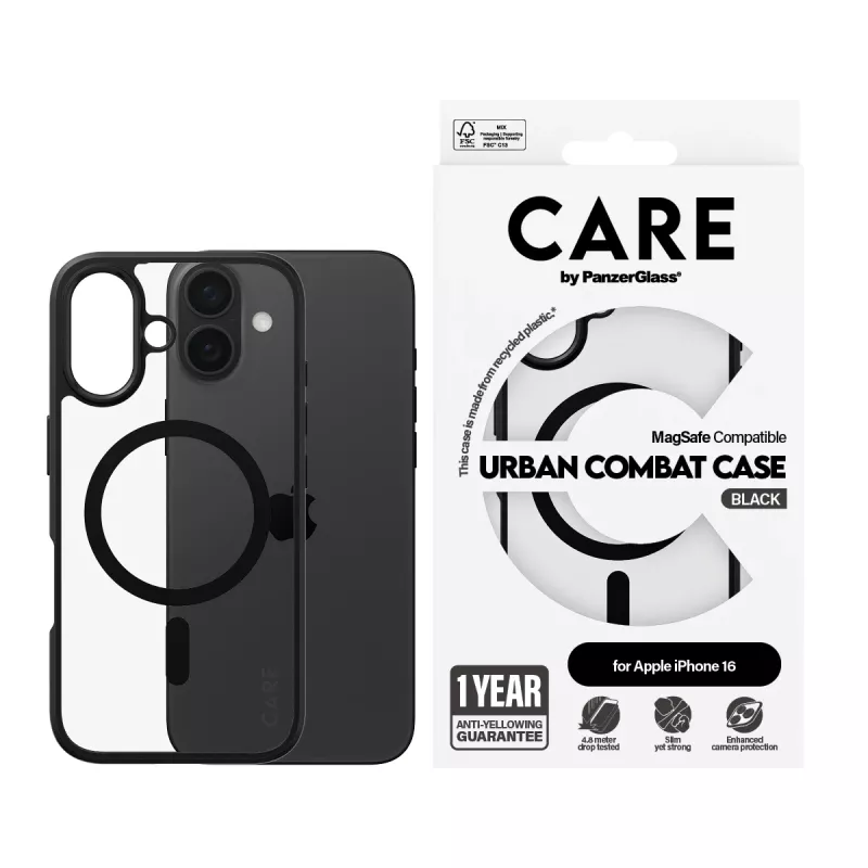 PanzerGlass CARE™ by ® Urban Combat puzdro transparentné s čiernym rámom a MagSafe iPhone 16