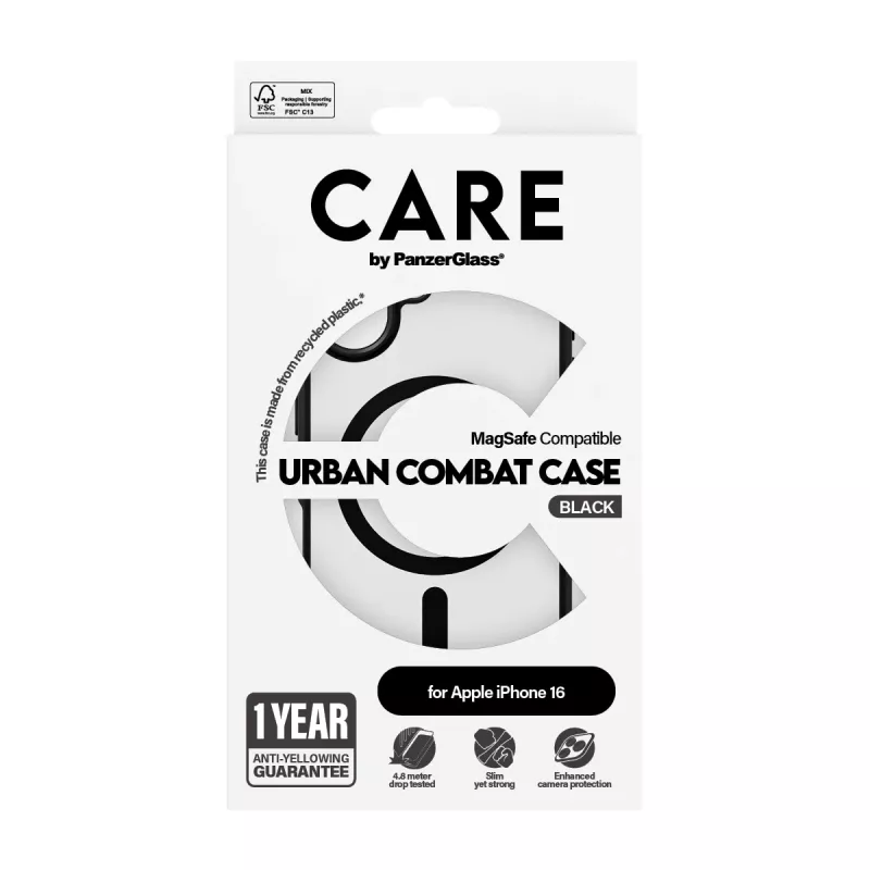 PanzerGlass CARE™ by ® Urban Combat puzdro transparentné s čiernym rámom a MagSafe iPhone 16