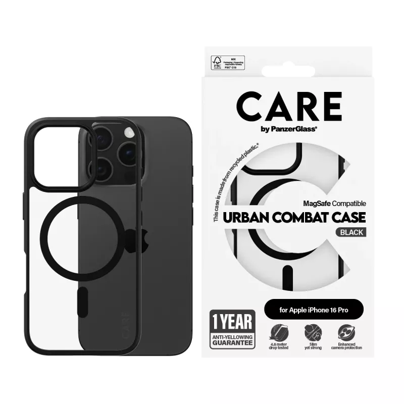 PanzerGlass CARE™ by ® Urban Combat puzdro transparentné s čiernym rámom a MagSafe iPhone 16 Pro