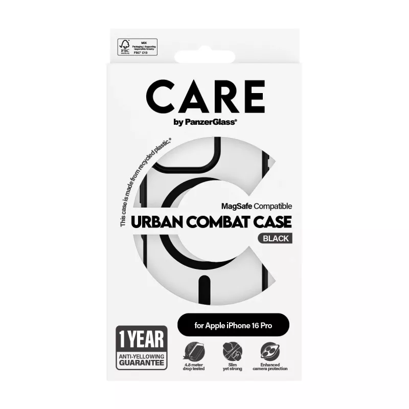 PanzerGlass CARE™ by ® Urban Combat puzdro transparentné s čiernym rámom a MagSafe iPhone 16 Pro