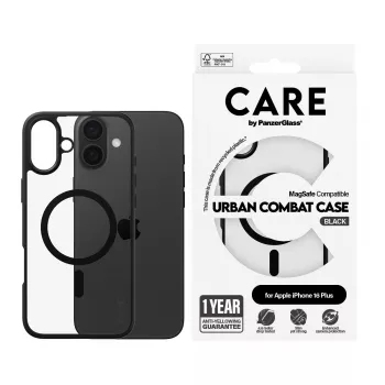 PanzerGlass CARE™ by ® Urban Combat puzdro transparentné s čiernym rámom a MagSafe pre iPhone 16 Plus
