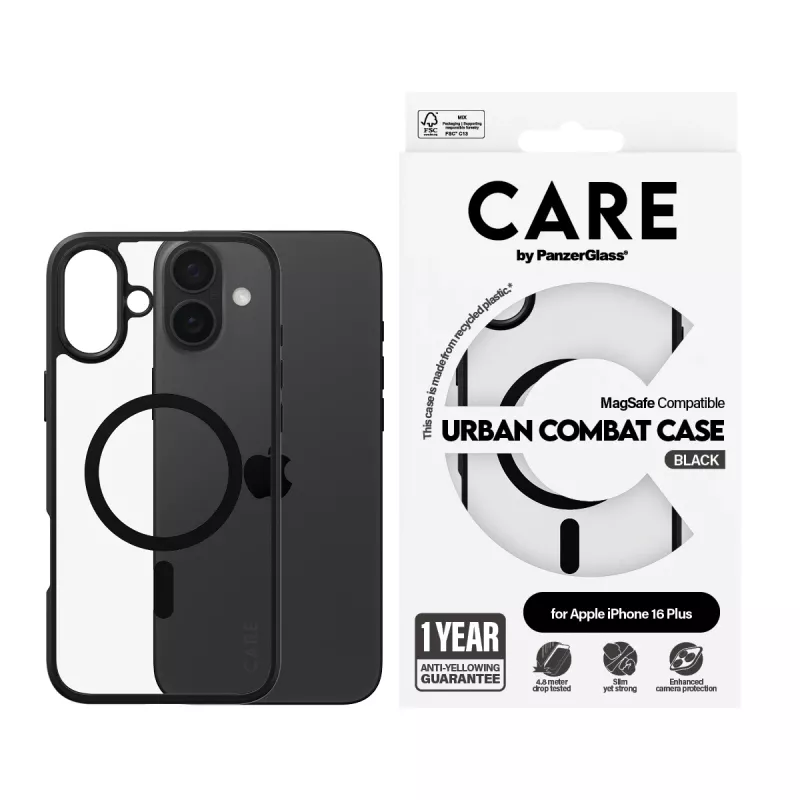 PanzerGlass CARE™ by ® Urban Combat puzdro transparentné s čiernym rámom a MagSafe pre iPhone 16 Plus