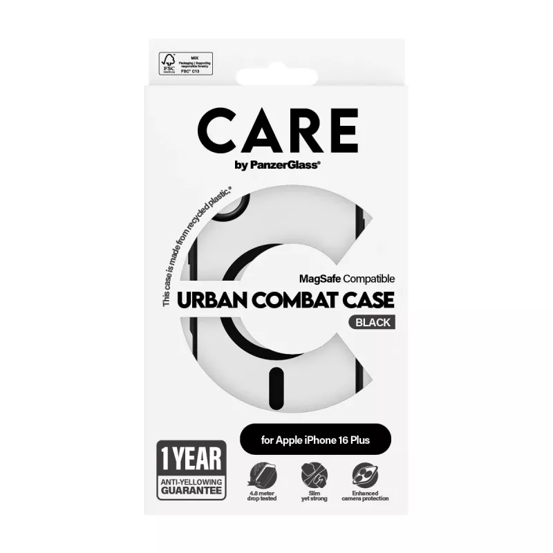 PanzerGlass CARE™ by ® Urban Combat puzdro transparentné s čiernym rámom a MagSafe pre iPhone 16 Plus