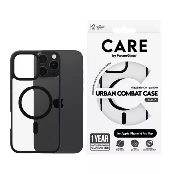 PanzerGlass CARE™ by ® Urban Combat puzdro transparentné s čiernym rámom a MagSafe pre iPhone 16 Pro Max