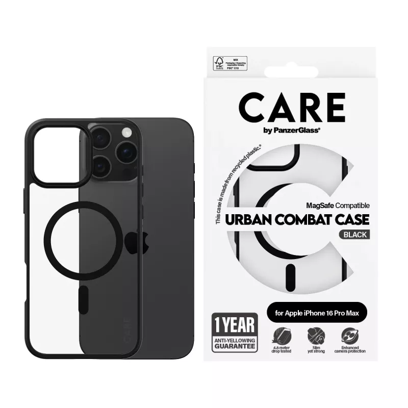 PanzerGlass CARE™ by ® Urban Combat puzdro transparentné s čiernym rámom a MagSafe pre iPhone 16 Pro Max