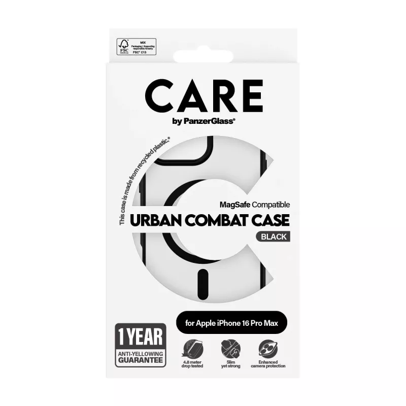 PanzerGlass CARE™ by ® Urban Combat puzdro transparentné s čiernym rámom a MagSafe pre iPhone 16 Pro Max