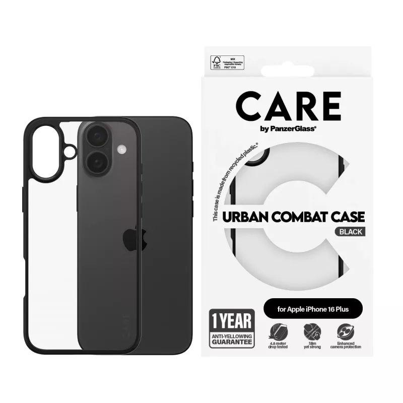 PanzerGlass CARE™ by ® Urban Combat puzdro priehľadné s čiernym rámom iPhone 16 Plus