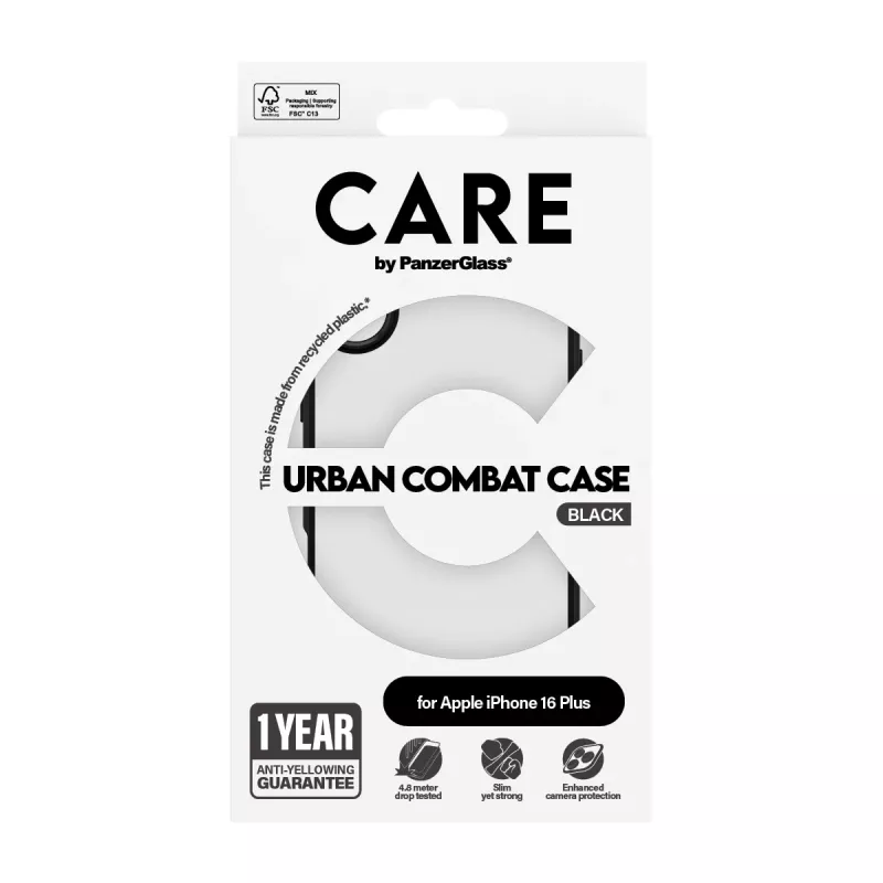 PanzerGlass CARE™ by ® Urban Combat puzdro priehľadné s čiernym rámom iPhone 16 Plus