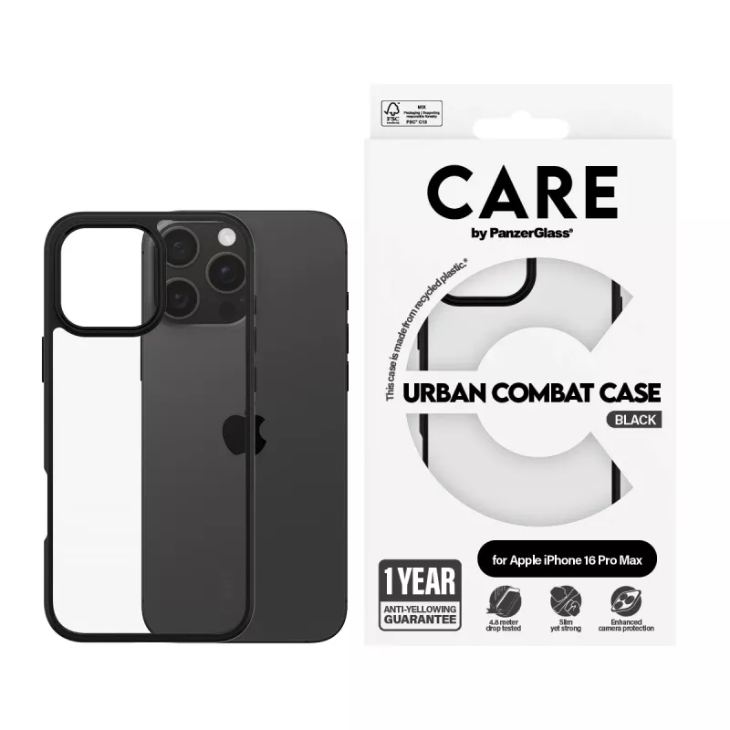 PanzerGlass CARE™ by ® Urban Combat puzdro transparentné s čiernym rámom iPhone 16 Pro Max